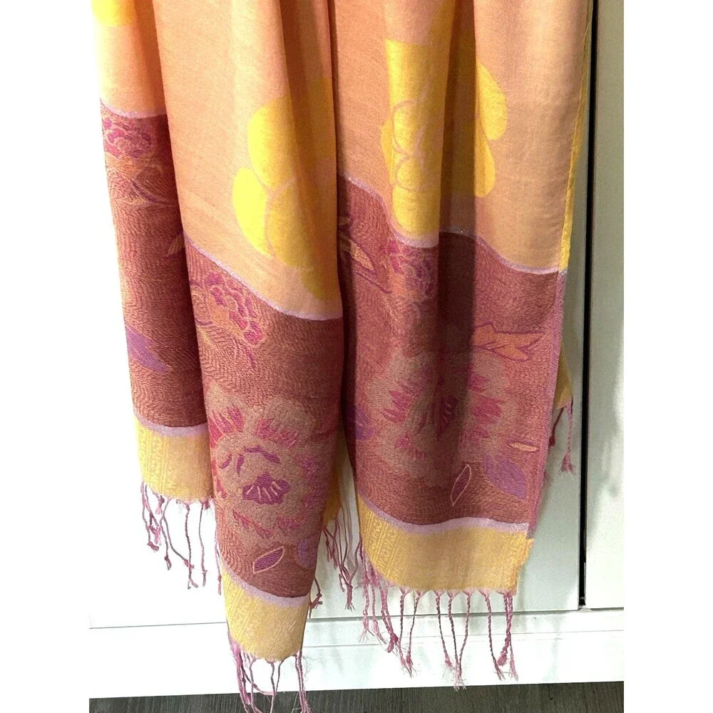 100% Pashmina Wrap Scarf Fringe Floral Print Metallic Thread Accents Preppy